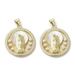 Brass Pave Shell Pendants, Religion Virgin Mary Charms with ABS Imitation Pearl, Real 18K Gold Plated, Flat Round, 28x24.5x5mm, Hole: 3.5x4.5mm(KK-I708-16C-G)