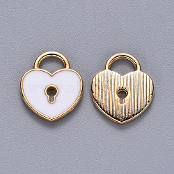 Alloy Enamel Charms, Heart Lock, Light Gold, White, 13x11x1.5mm, Hole: 3x4mm(X-ENAM-S121-039C)
