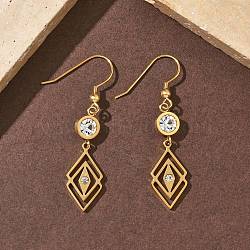 304 Stainless Steel Rhombus Dangle Earrings, Golden, 50x11mm(EJEW-Z129-12G-02)