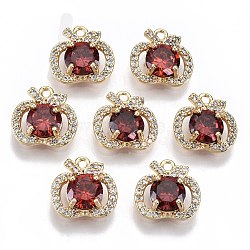 Brass Micro Pave Cubic Zirconia Charms, with Glass, Nickel Free, Real 18k Gold Plated, Apple, Red, 11x11x4mm, Hole: 1.2mm(X-KK-R112-046-NF)