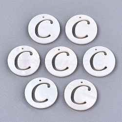 Natural Freshwater Shell Charms, Flat Round with Hollow Out Letter, Letter.C, 14.5x1.5mm, Hole: 0.9mm(SHEL-S276-119C)