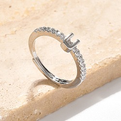 S925 Sterling Silver Adjustable Letter Rings for Women, with Micro Pave Cubic Zirconia, Letter U, 2mm,US Size 5 1/2(16.1mm), Letter: 5x4mm(RJEW-M068-01P-U)