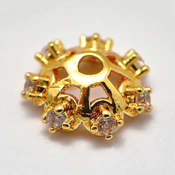 Brass Micro Pave Cubic Zirconia Bead Caps, Apetalous, Golden, 8x3mm, Hole: 1mm