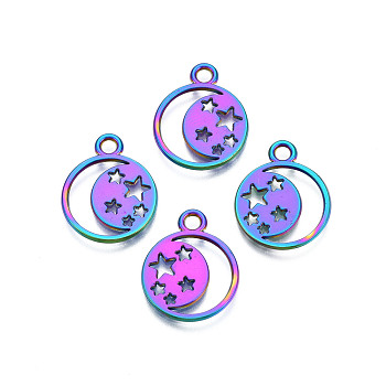 Rainbow Color Alloy Pendants, Cadmium Free & Lead Free, Ring with Star, 20x16x1.5mm, Hole: 2mm