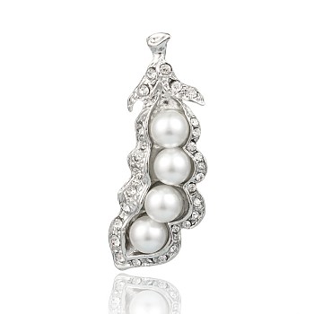 Platinum Plated Pea Alloy Rhinestone Big Pendants, with Acrylic Pearl Beads, White, 62x33x10mm, Hole: 3x7mm