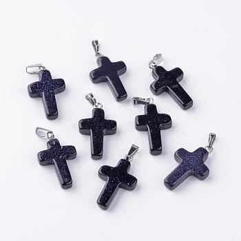 Synthetic Blue Goldstone Pendants, Dyed, with Brass Pinch Bails, Platinum Plated, Cross, 23.5~28x15~18x4mm, Hole: 3x6mm