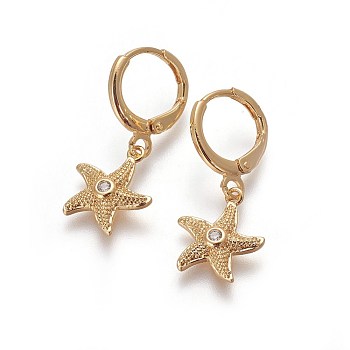 Brass Dangle Hoop Earrings, with Micro Pave Cubic Zirconia, Starfish/Sea Stars, Golden, 26mm, Pin: 1mm