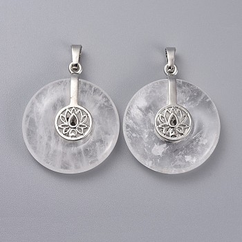 Natural Quartz Crystal Pendants, Rock Crystal Pendants, with Platinum Tone Brass Findings, Donut/Pi Disc with Lotus, 35.5x30x8.5~9.5mm, Hole: 4.5x6.5mm