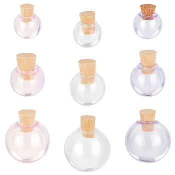 Elite 9 Sets 9 Style Transparent Glass Bottles Pendants Small DIY Bottles with Cork, Round, Mixed Color, 10~16x11~17mm, Inner Diameter: 3~4.5mm, 1 set/style