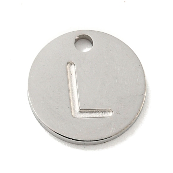 Non-Tarnish 304 Stainless Steel Pendants, Laser Cut, Flat Round with Letter Charm, Stainless Steel Color, Letter L, 10x1mm, Hole: 1.4mm