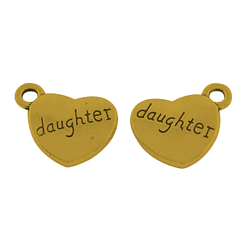 Tibetan Style Alloy Family Charms, Heart with Word daughter, Cadmium Free & Lead Free, Antique Golden, 13x15x3mm, Hole: 3mm