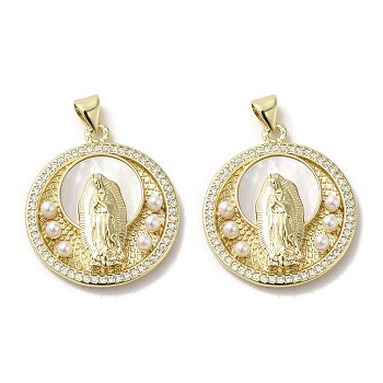Brass Pave Shell Pendants, Religion Virgin Mary Charms with ABS Imitation Pearl, Real 18K Gold Plated, Flat Round, 28x24.5x5mm, Hole: 3.5x4.5mm
