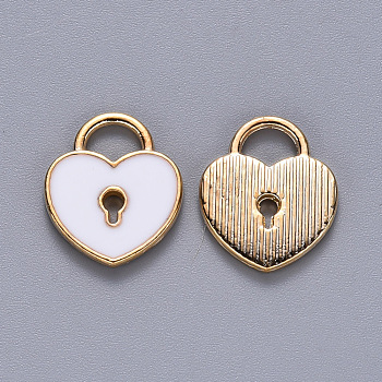 Alloy Enamel Charms, Heart Lock, Light Gold, White, 13x11x1.5mm, Hole: 3x4mm