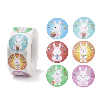 Easter Theme Self Adhesive Paper Sticker Rolls, with Rabbit Pattern, Round Sticker Labels, Gift Tag Stickers, Mixed Color, 25x0.1mm, about 500pcs/roll