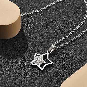 304 Stainless Steel Crystal Rhinestone Double Star Pendant Cable Chain Necklaces, Stainless Steel Color, 17.72 inch(45cm)