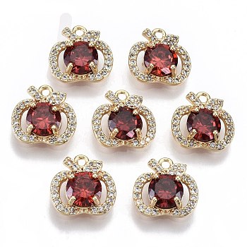Brass Micro Pave Cubic Zirconia Charms, with Glass, Nickel Free, Real 18k Gold Plated, Apple, Red, 11x11x4mm, Hole: 1.2mm