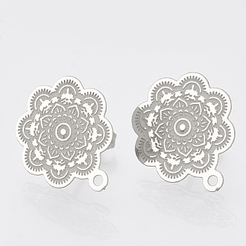 304 Stainless Steel Stud Earring Findings, with Loop, Flower, Stainless Steel Color, 17.5x15mm, Hole: 1mm, pin: 0.7mm