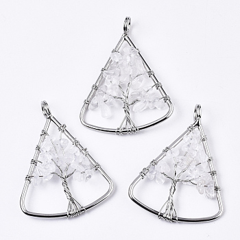 Natural Quartz Crystal Big Pendants, Wire Wrapped Pendants, with Brass Wires, Triangle & Tree, Platinum, 40x30.5x5~10mm, Hole: 4.5mm