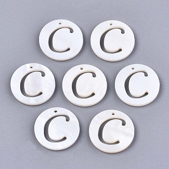 Natural Freshwater Shell Charms, Flat Round with Hollow Out Letter, Letter.C, 14.5x1.5mm, Hole: 0.9mm