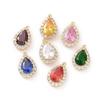 Brass Micro Pave Cubic Zirconia Pendants, Teardrop, Mixed Color, 19x12x7mm, Hole: 1.2mm