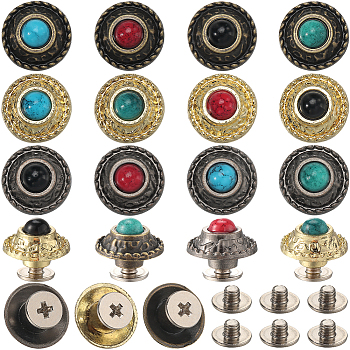 24 Sets 12 Style Alloy Buttons, with Synthetic Turquoise and Screws, DIY Accessaries, Flat Round with Flower, Mixed Color, Botton: 12x8.5mm, Hole: 2.2mm, Screw: 7x3.5mm, 2 sets/color