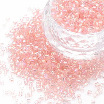 Glass Bugle Beads, Transparent Colours Rainbow, Pink, 2.5~3x2mm, Hole: 0.9mm, about 15000pcs/pound