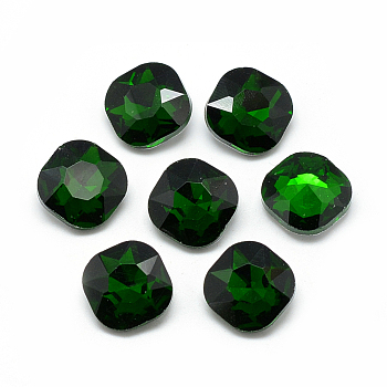 Pointed Back Glass Rhinestone Cabochons, Faceted, Back Plated, Square, Green, 12x12x5mm
