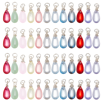 48Pcs 12 Color Transparent Glass Charms, with Iron Open Jump Rings and Copper Wire, Mixed Color, 18x7.5x6mm, Hole: 3.6mm, 4Pcs/color