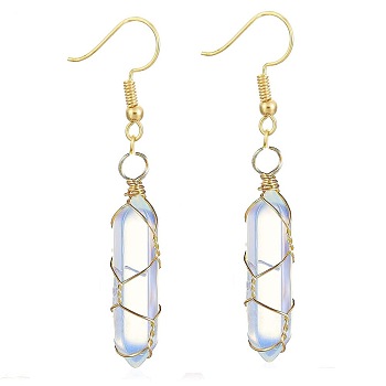 Opalite Hexagon Handmade Copper Wire Wrapped Earrings Natural Stone Column Earrings, Golden