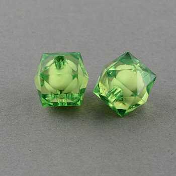 Transparent Acrylic Beads, Bead in Bead, Faceted Cube, Lime Green, 10x9x9mm, Hole: 2mm, about 1050pcs/500g
