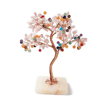 Natural Gemstone Tree Display Decoration, White Jade Slice Base Feng Shui Ornament for Wealth, Luck, Rose Gold Brass Wires Wrapped, 65~70x135~140x170~180mm