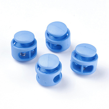 Plastic Spring Cord Locks, with Iron Findings, Platinum, Cornflower Blue, 17x17x16mm, Hole: 4x6.5mm