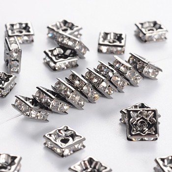 Brass Rhinestone Spacer Beads, Grade A, Nickel Free, Gunmetal, Square, Crystal, 6x6x3mm, Hole: 1mm