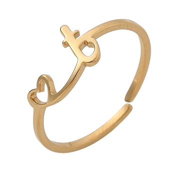 304 Stainless Steel Cuff Rings for Women, Heart with LetterA~Z, Real 18K Gold Plated, Letter T, 7mm, inner diameter: adjustable.