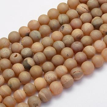 Electroplate Natural Druzy Agate Beads Strands, Dyed, Round, Frosted, Rainbow Plated, 10mm, Hole: 1mm, about 38pcs/strand, 15.7 inch(40cm)