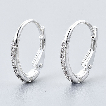 Brass Cubic Zirconia Leverback Earring Findings, with Loop, Clear, Silver, 14.5x9.5x2mm, Hole: 0.8mm, pin: 0.9mm