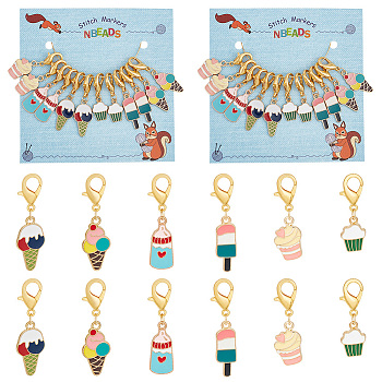 Alloy Enamel Pendant Locking Stitch Markers, Zinc Alloy Lobster Claw Clasps & Brass Wine Glass Charm Rings Stitch Marker, Ice-lolly/Baby Milk Bottle/Cupcake, Mixed Color, 3.3~4.2cm, 6 style, 2pcs/style, 12pcs/set