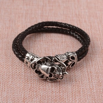 Braided Leather Cord Bracelets, Multi-strand Bracelets, with 316 Stainless Steel Skull Clasps, Antique Silver, Black, 9-1/8 inch(23.3cm)