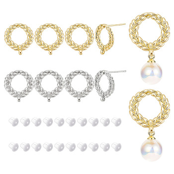 8Pcs 2 Colors Brass Stud Earring Findings, with Vertical Loop, Leaf Wreath, with 50Pcs Plastic Ear Nuts, Platinum & Golden, 15x13mm, Hole: 1mm, Pin: 0.8mm, 4Pcs/color
