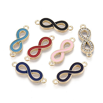 Alloy Connector Charms, with One Sided Rhinestone & One Sided Enamel, Infinity Links, Light Gold, Mixed Color, 27.5x9.5x3mm, Hole: 1.8mm