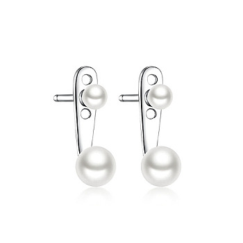 Rhodium Plated 925 Sterling Silver Front Back Stud Earrings for Women, with Pearl, Platinum, 18x6mm
