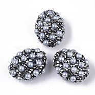 Handmade Polymer Clay Rhinestone Beads, with ABS Plastic Imitation Pearl, Oval, Jet Hematite, PP13(1.9~2mm), 25~26.5x19.5~21.5x13mm, Hole: 1.2mm(X-RB-T015-01A)