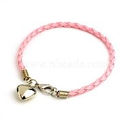 PU Leather Braided Charm Bracelets, with CCB Plastic Pendants and Alloy Lobster Claw Clasps, Pink, 180mm(BJEW-JB00785-12)