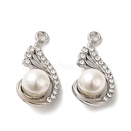 Alloy with Rhinestone Pendants, with ABS Imitation Pearl, Teardrop Charms, Platinum, 24.5x12x9mm, Hole: 1.6mm(FIND-B032-05P)