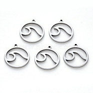 304 Stainless Steel Pendants, Laser Cut, Round Ring with Wave, Stainless Steel Color, 17x15x1mm, Hole: 1mm(X-STAS-N092-95)