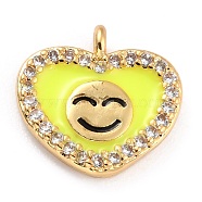 Golden Plated Brass Micro Pave Clear Cubic Zirconia Charms, with Enamel, Long-Lasting Plated, Heart with Smile Face, Yellow, 11x11.5x2.5mm, Hole: 1.2mm(ZIRC-L097-034D-G)
