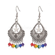 Dyed Natural Malaysia Round Beaded Alloy Teardrop Chandelier Earrings, 304 Stainless Steel Jewelry for Women, Antique Silver, 61.5mm(EJEW-JE05205)