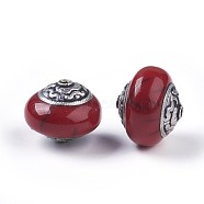 Tibetan Style Beads, with Brass, Synthetic Turquoise, Flat Round, Antique Silver, Dark Red, 15.5x18.5x18.5mm, Hole: 1.5mm(TIBEB-E079-04B)
