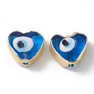 Brass Beads, with Enamel, Real 18K Gold Plated, Heart with Evil Eye, Dodger Blue, 14.5x16x7mm, Hole: 1.6mm(KK-A176-06G-03)