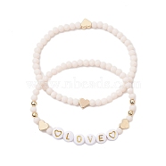 2Pcs 2 Styles Frosted Faceted Glass Beaded Stretch Bracelet Sets, Heart & LOVE Acrylic Stackable Bracelets for Women, Antique White, Inner Diameter: 2-1/8 inch(5.53cm), 1pc/style(BJEW-JB10452-03)